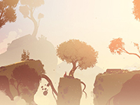 Alba walking across floating chunks of land with trees